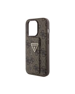 Guess Grip stand PU Leather Case With 4G Triangle Strass Pattern For iPhone 15 Pro Max - Brown