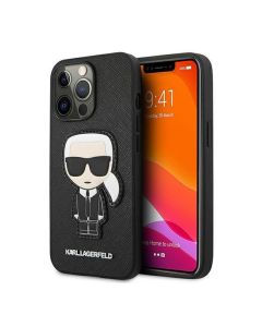 كارل Lagerfeld جراب ظهر لهاتف أيفون 13 برو KLHCP13LOKPK PU Saffiano Case With Ikonik Patch وشعار معدني - أسود