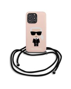 Karl Lagerfeld for iPhone 13 Pro Max KLHCP13XWOSLFKI Silicone Soft Cover With Neck Strap - Pink