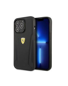 Ferrari For iPhone 15 Plus & 14 Plus Leather Case With Hot Stamped Sides & Yellow Shield Logo - Black