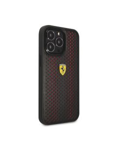 Ferrari For iPhone 14 Pro PU Leather Perforated Case With Nylon Base & Yellow Shield Logo - Red