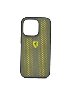 Ferrari For iPhone 14 PU Leather Perforated Case With Nylon Base & Yellow Shield Logo - Yellow