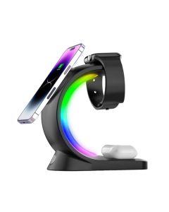 شاحن لاسلكي مغناطيسي 3 في 1 مع ضوء RGB للهواتف والساعات بقوة 15 وات وسماعات أذن موديل T17 - أسود
