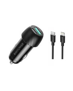ريف باور شاحن سيارة بقوة 49  وات 2 مخرج Type-C & Type-A + كابل USB-C To Lightning موديل RP-VC031 - أسود