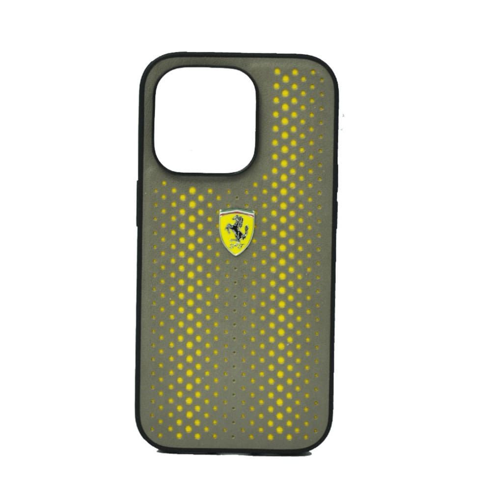Ferrari For iPhone 15 Plus & 14 Plus PU Leather Perforated Case With Nylon Base & Yellow Shield Logo - Yellow
