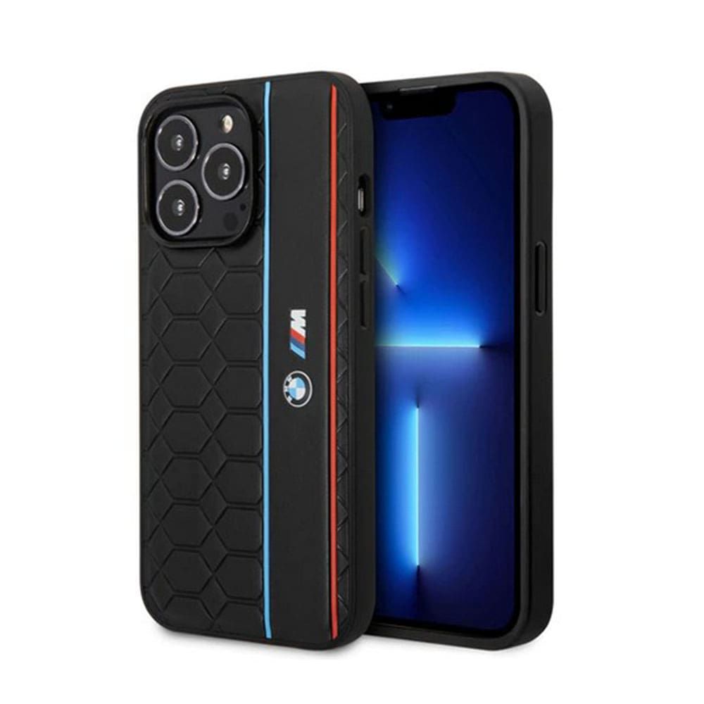 BMW For iPhone 14 Pro Max M Collection Pu Case Hexgonal Pattern And Smooth Pu Stripe - Black