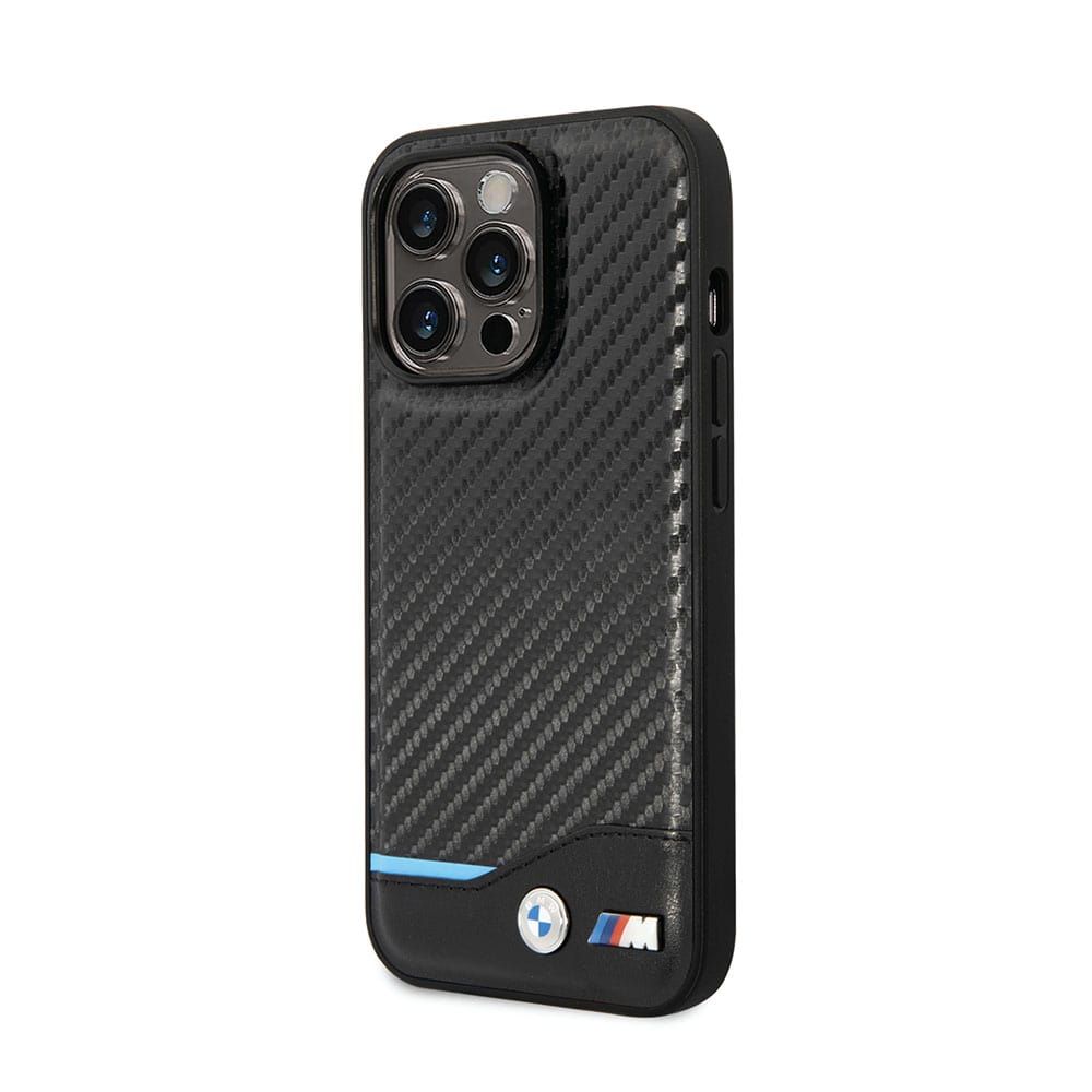 BMW For iPhone 14 Pro Max M Collection Magsafe Pu Carbon Case With Bottom Horizontal Blue Line & Printed Logo - Black