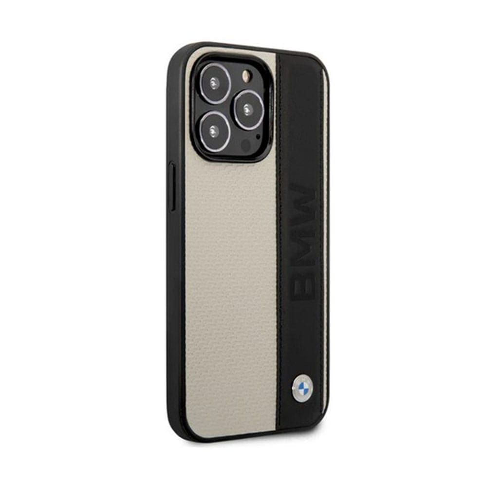 BMW For iPhone 14 Pro Max Signature Collection Genuine Leather Case With Textured & Big Logo Stripe - Beige