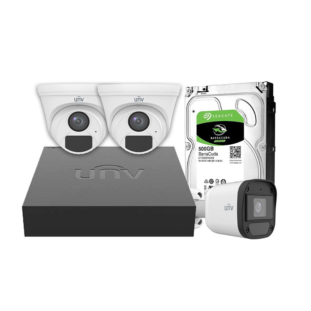 Uniview System XVR 4 Channel 500GB HDD + 4-Ch 1U Digital Video Recorder + 3 Camera 2 MP Indoor * Oudoor