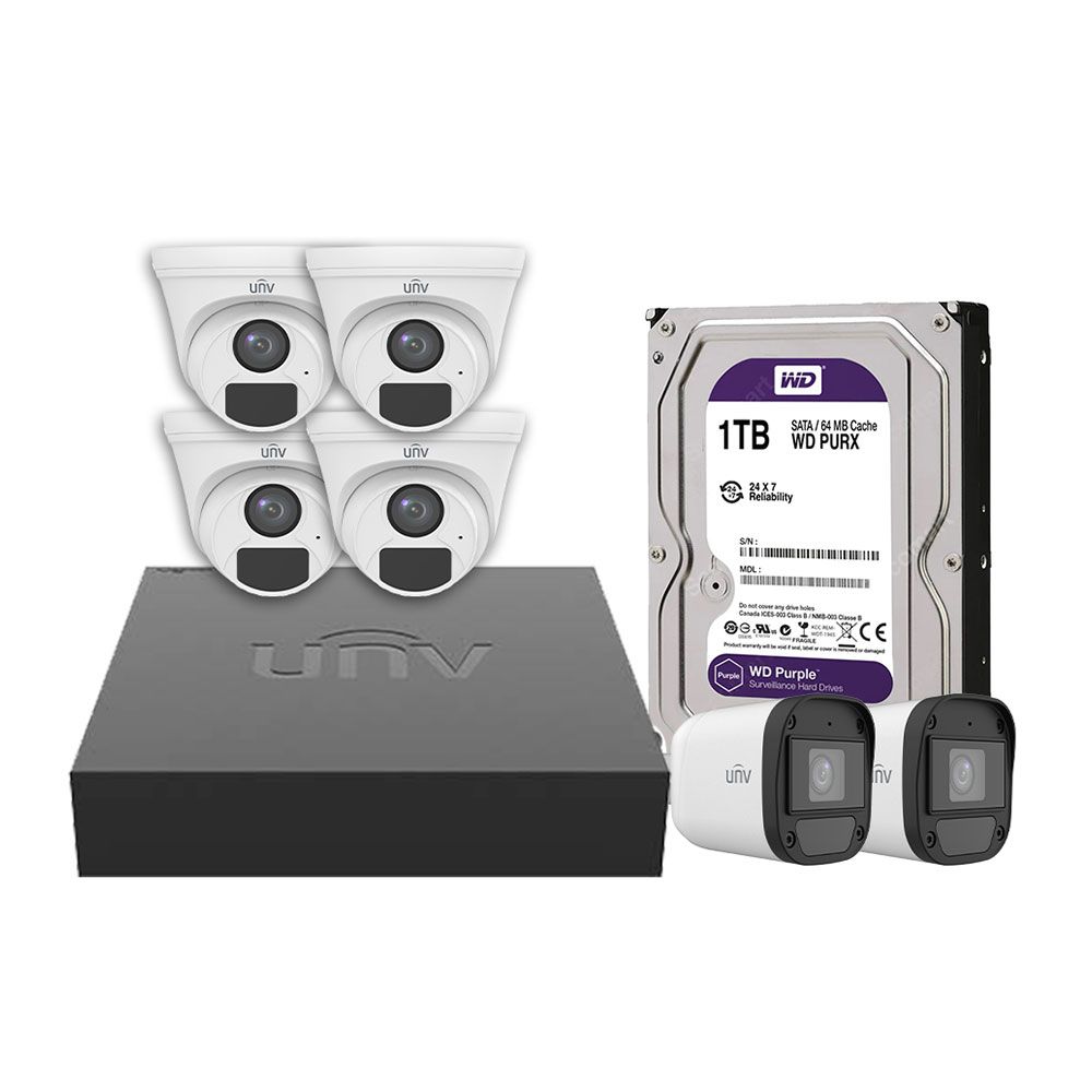 Uniview System XVR 8 Channel 1TB HDD + 8-Ch 1U Digital Video Recorder + 6 Camera 2 MP Indoor * Oudoor