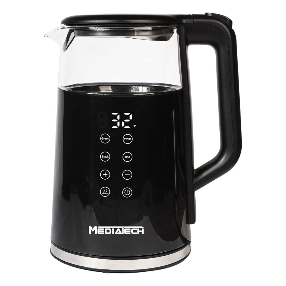 Media Tech Glass Digital Kettle 1.7 Liter 1850 Watts - PUREX - With Temperature Selection Display - Black - MT-KDP005