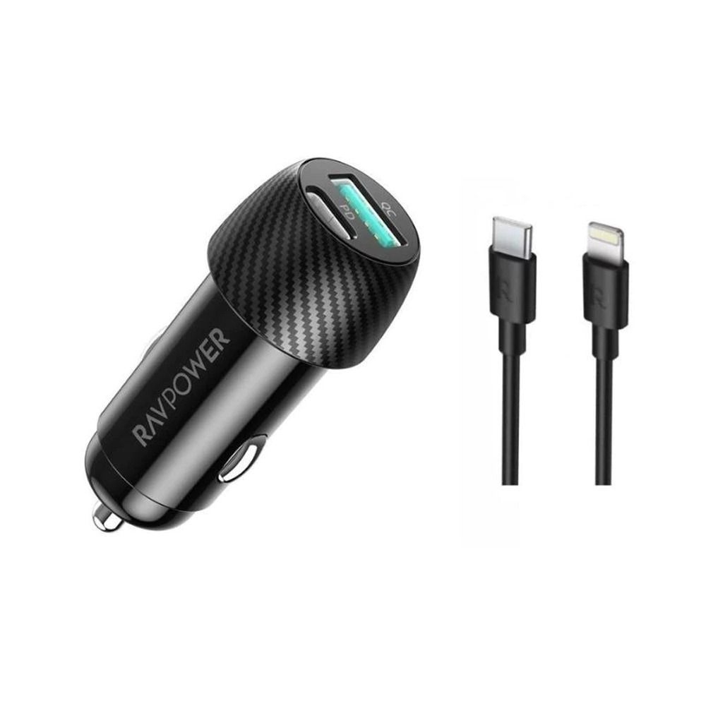 ريف باور شاحن سيارة بقوة 49  وات 2 مخرج Type-C & Type-A + كابل USB-C To Lightning موديل RP-VC031 - أسود
